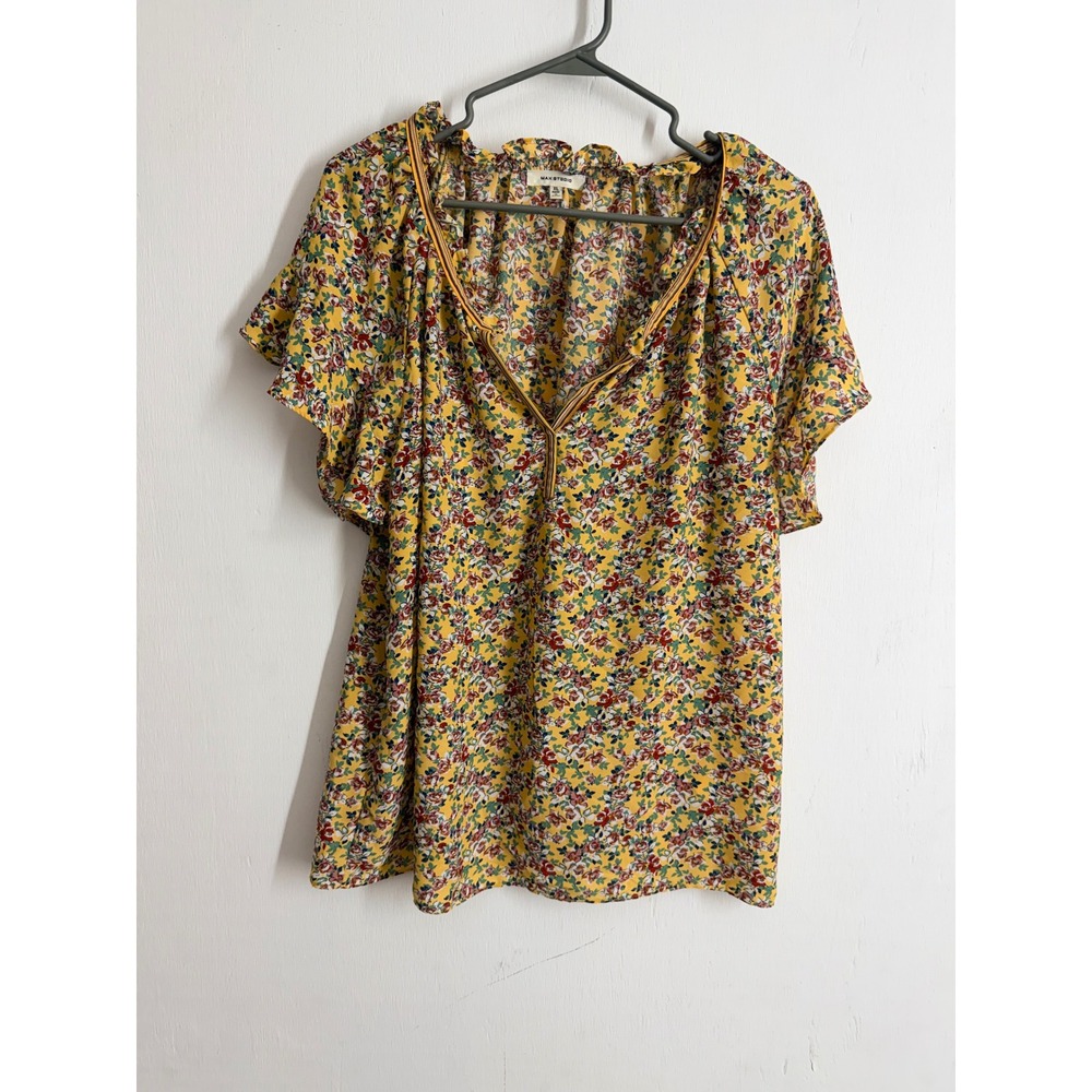 Max Studio Yellow Floral Ruffle V-Neck Flutter Sleeve Blouse XL 9705D36